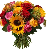 Everything for you - Composition: rose red,hiperikum red,sunflower,ornamental foliage,packing.