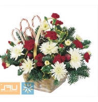 Basket with seasonal flowers, lolypops in Christmas style will be great Christmas gift
