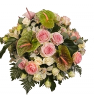 Evredika  - Composition: rose pink,Rose ,ornamental foliage,packing,eucalyptus,Anthurium Green.