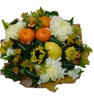 Chrysanthemums in the garden - Composition: Rose White,sunflower,ornamental foliage,packing,eucalyptus,Alstroemeria Red,Chrysanthemum white,fruit.