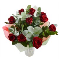 Classic compliment - Composition: rose red,packing,eucalyptus.