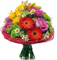 Soul of a poet - Composition: rose pink,Yellow Rose,ornamental foliage,packing,red gerbera,chrysanthemum santini,Chrysanthemum green,carcase.