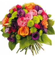 Bright sunset - Composition: rose pink,orange roses,ornamental foliage,packing,Chrysanthemum green,eustoma purple.