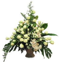 Ophelia - Composition: Rose White,orchid,ornamental foliage,eustoma white,basket.