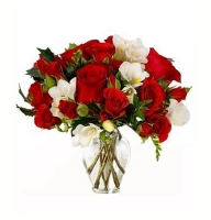 Cupid - Composition: rose red,freesia,ornamental foliage,packing.