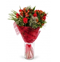 Arabic night - Composition: ornamental foliage,packing,white gypsophila,Alstroemeria Red,rose red.