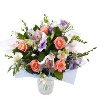 Joy - Composition: rose pink,ornamental foliage,orchid,eustoma white,Freesia Purple,packing.