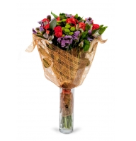 A Day Without You - Composition: orange roses,ornamental foliage,packing,Chrysanthemum green,blue statice.