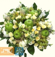 Fruit cocktail - Composition: Rose White,Rose ,ornamental foliage,packing,eustoma white,fruit.