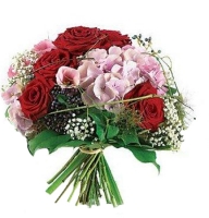 Sweet November - Composition: rose red,ornamental foliage,packing,pink hydrangea,white gypsophila.