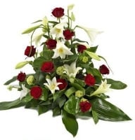 Anniversary - Composition: rose red,Lily longiflorum,ornamental foliage,Chrysanthemum green,basket.