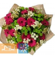 Unforgettable meeting - Composition: ornamental foliage,packing,Chrysanthemum green,Chrysanthemum white stalion,Gerbera burgundy.