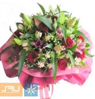 Valencia - Composition: white gypsophila,rose red,Lily Rose,ornamental foliage,packing.