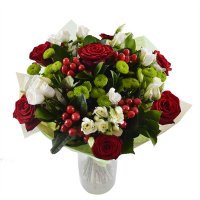 Venus - Composition: rose red,hiperikum red,ornamental foliage,packing,eustoma white,Chrysanthemum green.