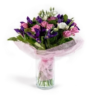 Calypso - Composition: rose pink,iris blue,ornamental foliage,packing,eustoma white.