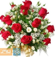 Fireworks of emotions - Composition: rose red,ornamental foliage,packing,white gypsophila,eustoma white.