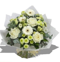 Relax - Composition: Rose White,ornamental foliage,packing,White Alstroemeria,Chrysanthemum green,White gerbera.