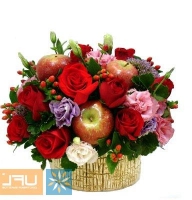 Fire - bird - Composition: rose red,hiperikum red,ornamental foliage,basket,eustoma purple,eustoma pink,fruit.