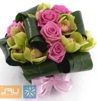 Elf - Composition: rose pink,orchid,ornamental foliage,packing,aspidistra.
