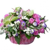 Secret Pearl - Composition: rose pink,ornamental foliage,chrysanthemum santini,basket,Anthurium Green,eustoma purple.
