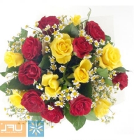One chamomile, two chamomile� - Composition: rose red,ornamental foliage,packing,chrysanthemum santini,Yellow Rose.