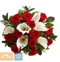 Queen of Ball - Composition: rose red,white calla lilies,ornamental foliage,packing.