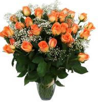 Autumn Walk - Composition: white gypsophila,orange roses,ornamental foliage,packing.