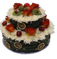 Floral delicacy - Composition: Chrysanthemum white,orange roses,ornamental foliage.