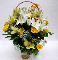  - Composition: Yellow Rose,orchid,lily white,basket,ornamental foliage.