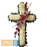 Ritual composition � 26 - Composition: rose red,Chrysanthemum colored,carcase,ornamental foliage.