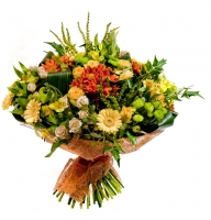 Sunny autumn - Composition: yellow gerbera,chrysanthemum violet,Chrysanthemum Yellow,Alstroemeria,Yellow Rose,rose bush,ornamental foliage.