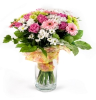 Gala Day - Composition: rose pink,white chrysanthemum daisy,Chrysanthemum green,ornamental foliage.