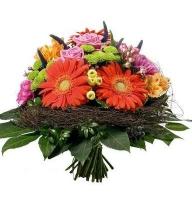 Sentimentality - Composition: rose pink,Chrysanthemum green,red gerbera,Alstroemeria,ornamental foliage.