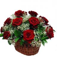 Tradition - Composition: rose red,white gypsophila,ornamental foliage.