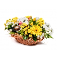 Little Chi�k - Composition: yellow tulip,Chrysanthemum colored,yellow gerbera,statice,basket.