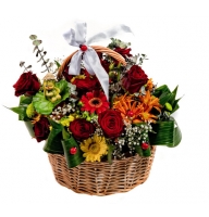 Frogling - Composition: rose red,colored gerbera,hiperikum green,Chrysanthemum colored,Alstroemeria,ornamental foliage,basket.