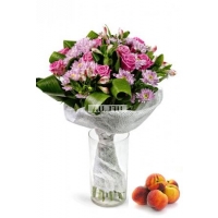 Present - Composition: rose pink,pink chrysanthemum,Alstroemeria,ornamental foliage,packing.