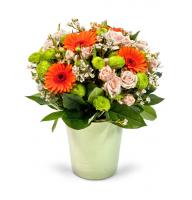 Orange - Composition: gerbera ,Chrysanthemum colored,rose bush,ornamental foliage.