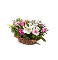 Venice - Composition: basket,rose pink,gerbera ,lily white,Chrysanthemum colored,Alstroemeria,ornamental foliage.