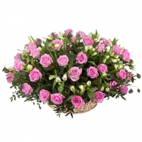 Jungle - Composition: rose colored ,basket,ornamental foliage.