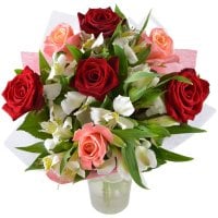 Charm  - Composition: Rose red,rose pink,alstroemeria mix,greens.