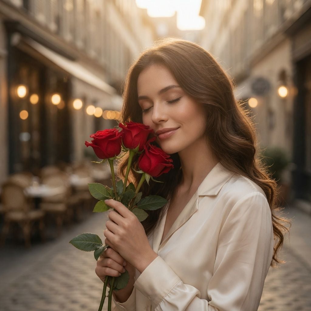 red rose (3 pcs.), packaging, ribbon