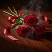 red rose (3 pcs.), packaging, ribbon