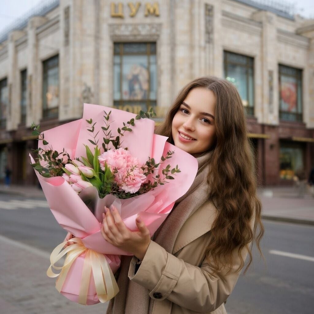 hydrangea, tulip (11 pcs.), eucalyptus, packaging, ribbon