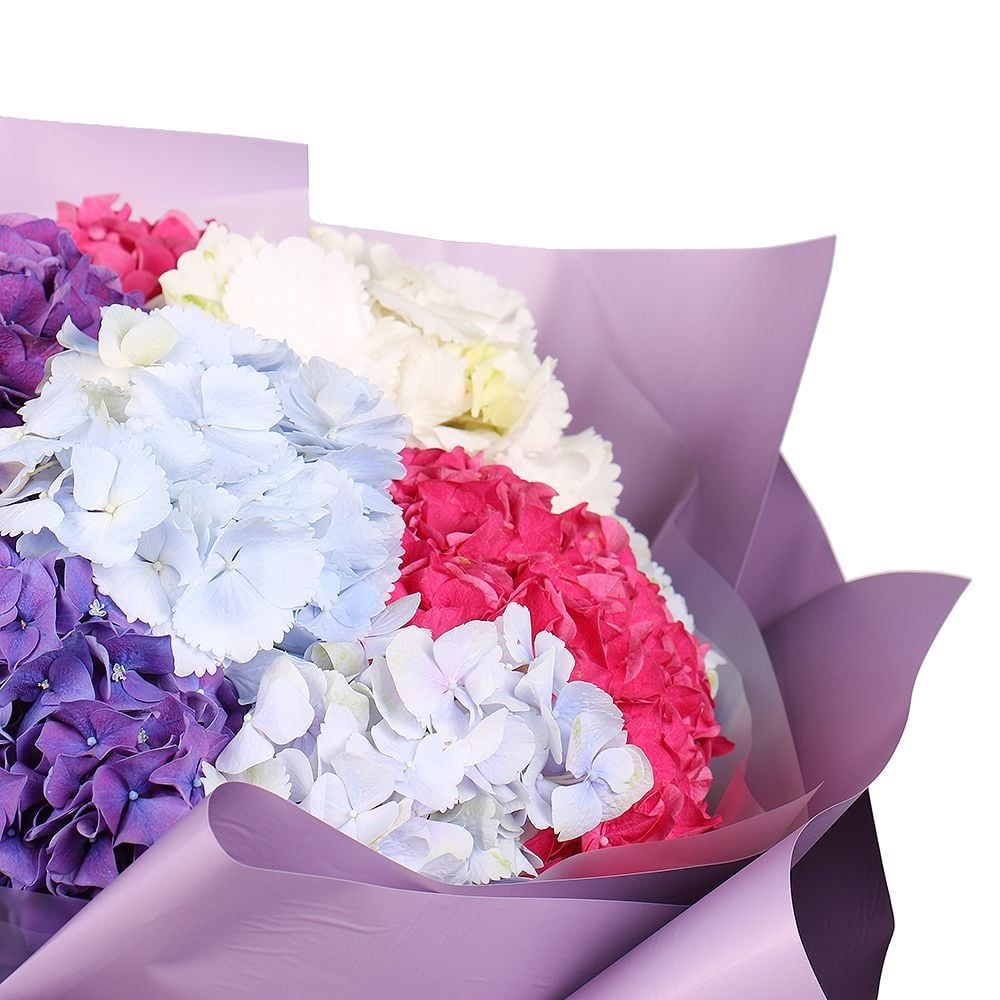 purple hydrangea, packaging, ribbon