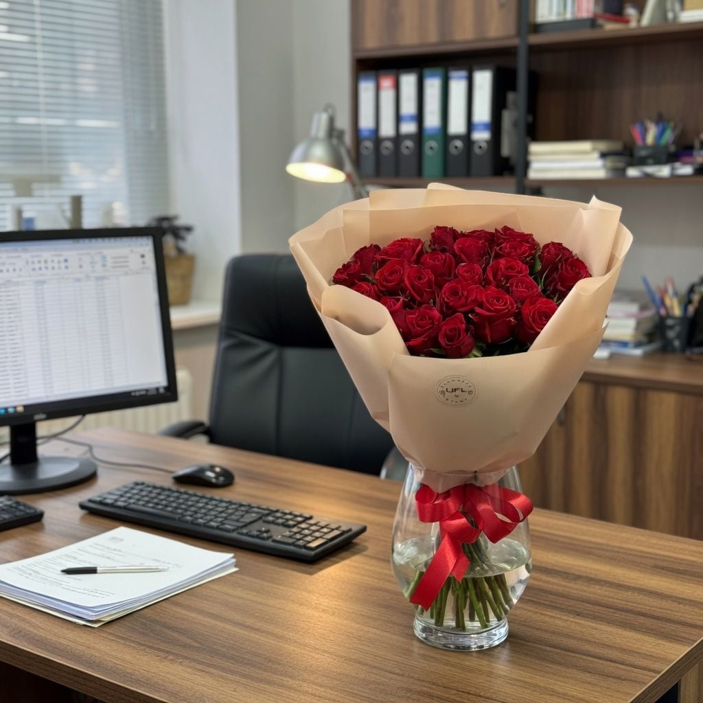 red rose (25 pcs.), packaging, ribbon