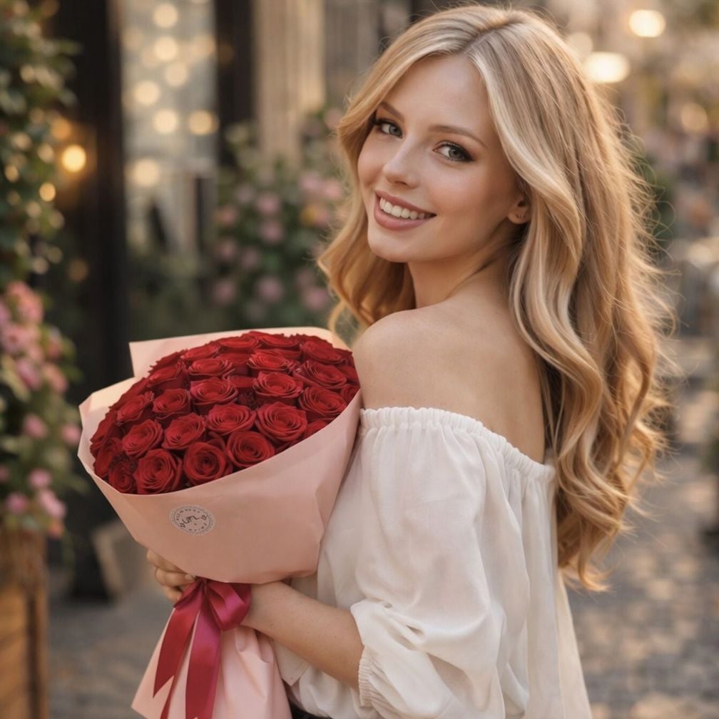 red rose (25 pcs.), packaging, ribbon