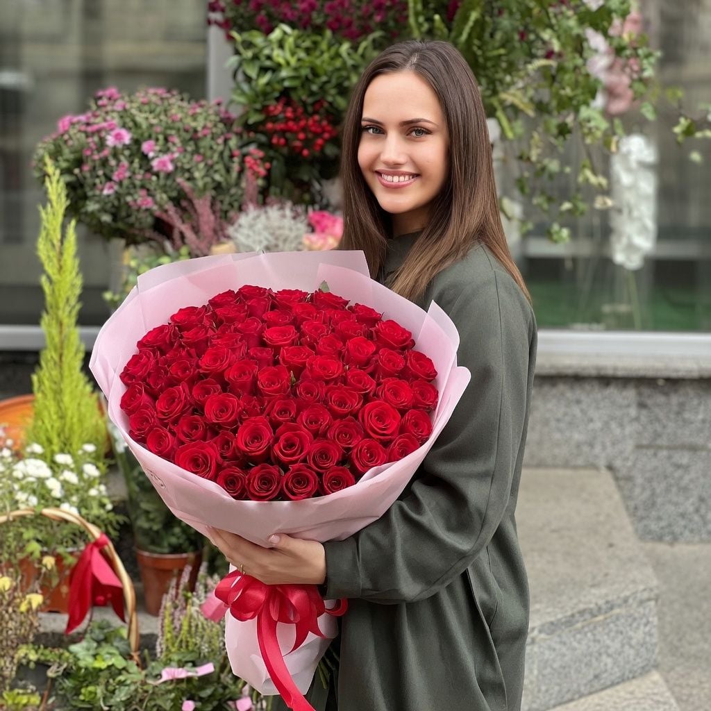 red rose (51 pcs.), packaging, ribbon