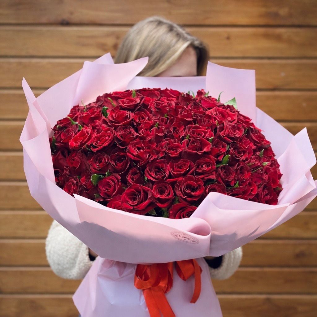 red rose (101 pcs.), packaging, ribbon