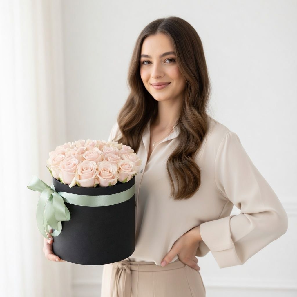 cream rose (21 pcs.), oasis, embossed box, packaging, ribbon